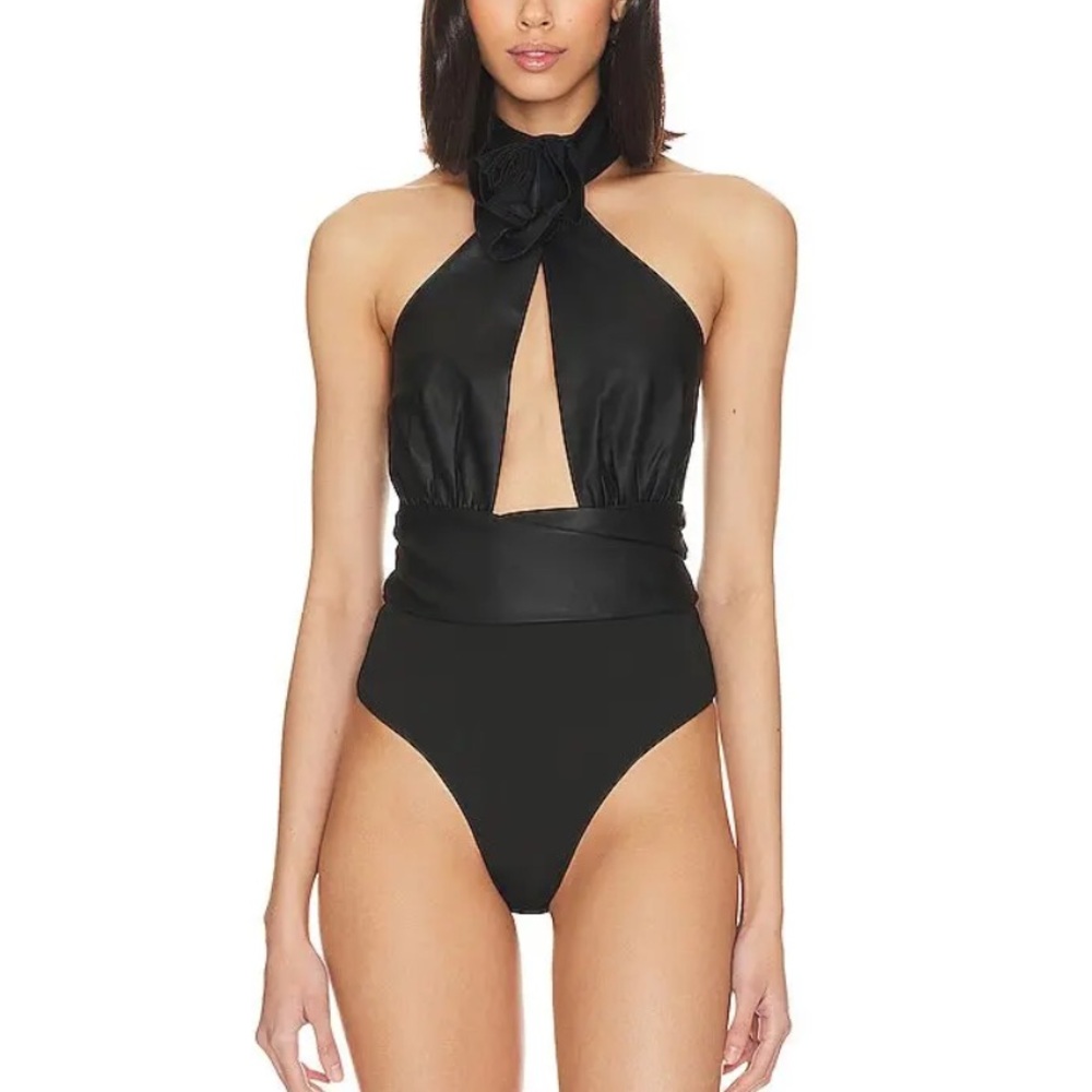 Atoir Never Let Go Cut Out Front Floral Rosette High Neck Leather Bodysuit NEW